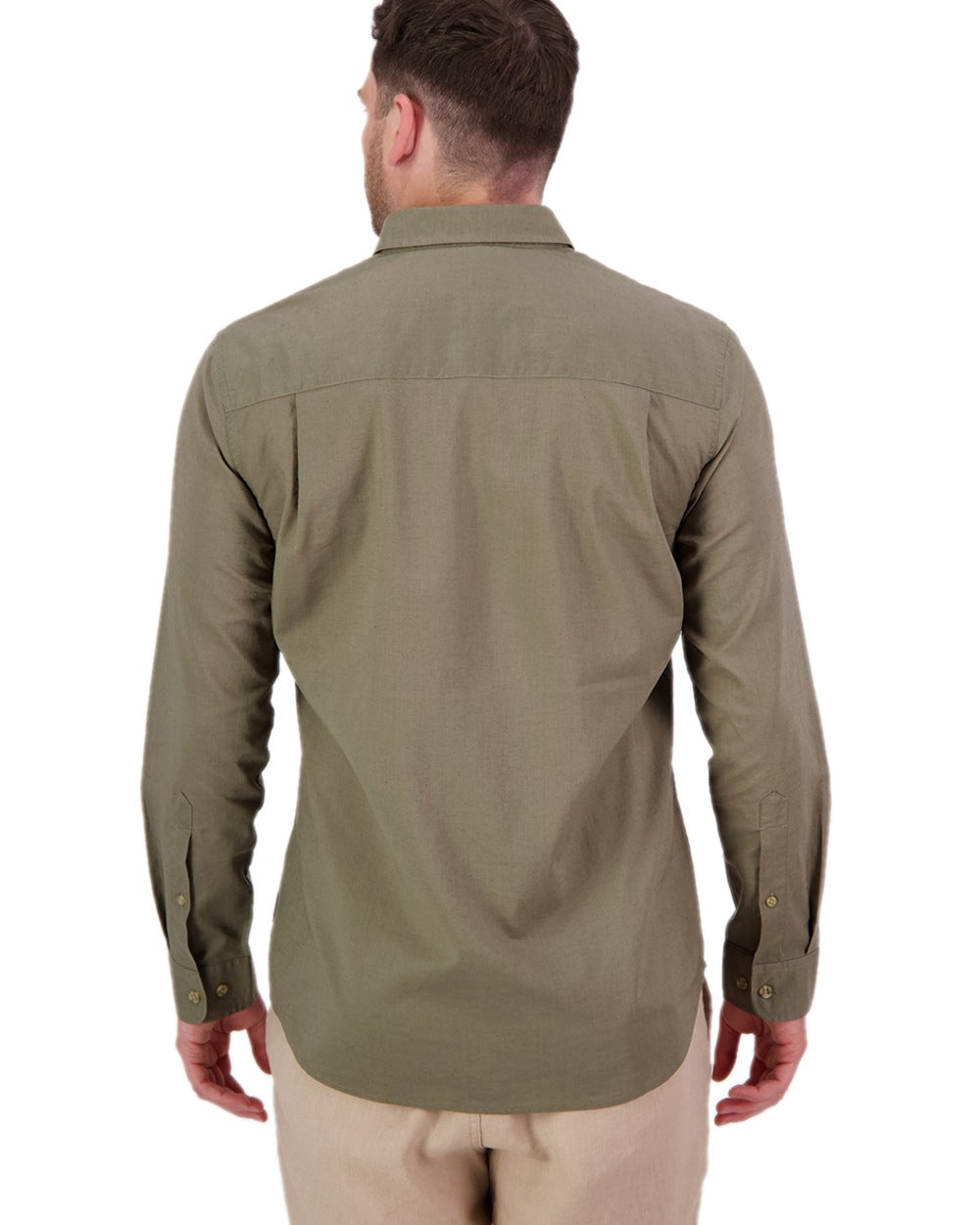 Olive Coloured Swanndri Mens Ward Long Sleeve Shirt on white background #colour_olive