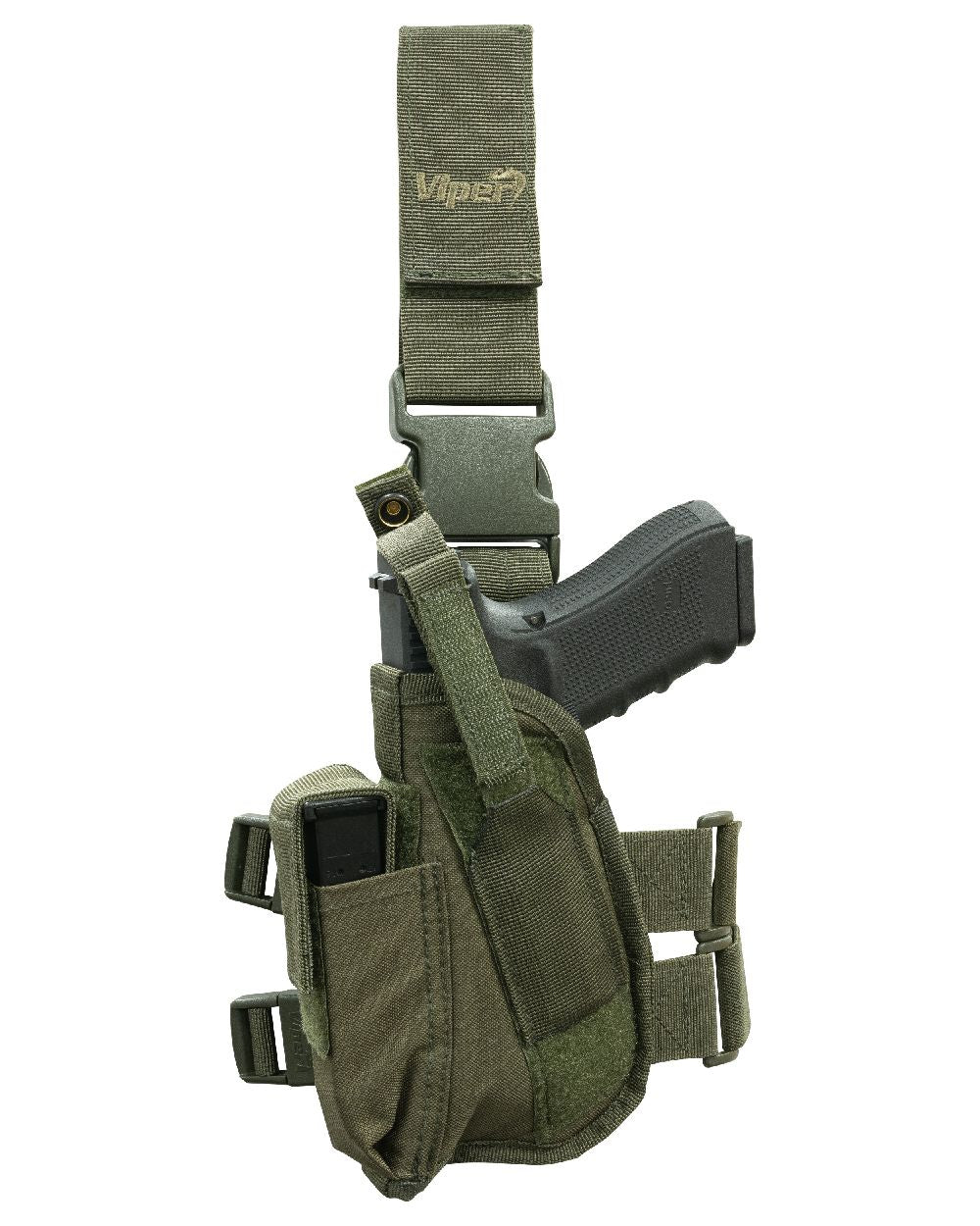 Green Coloured Viper Tactical Leg Holster Left Handed on white background #colour_green