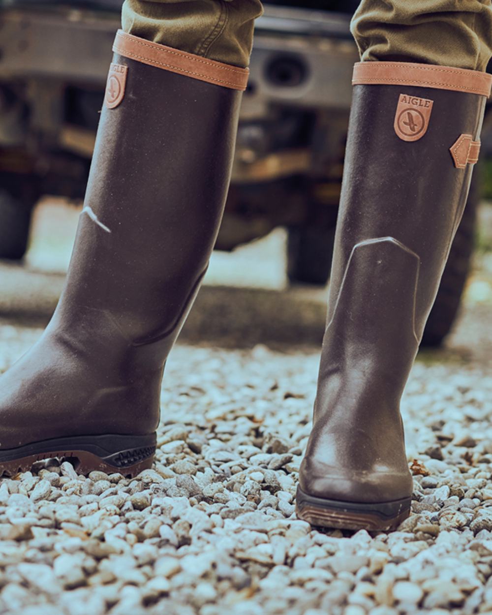 Dark Brown Coloured Aigle Parcours 2 Signature Wellingtons On A Forest Background #colour_dark-brown