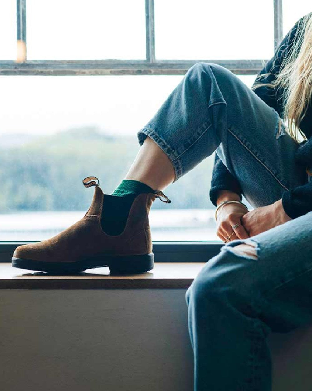 Tobacco Coloured Blundstone 1911 Tobacco Suede Chelsea Boots On A Window Background #colour_tobacco