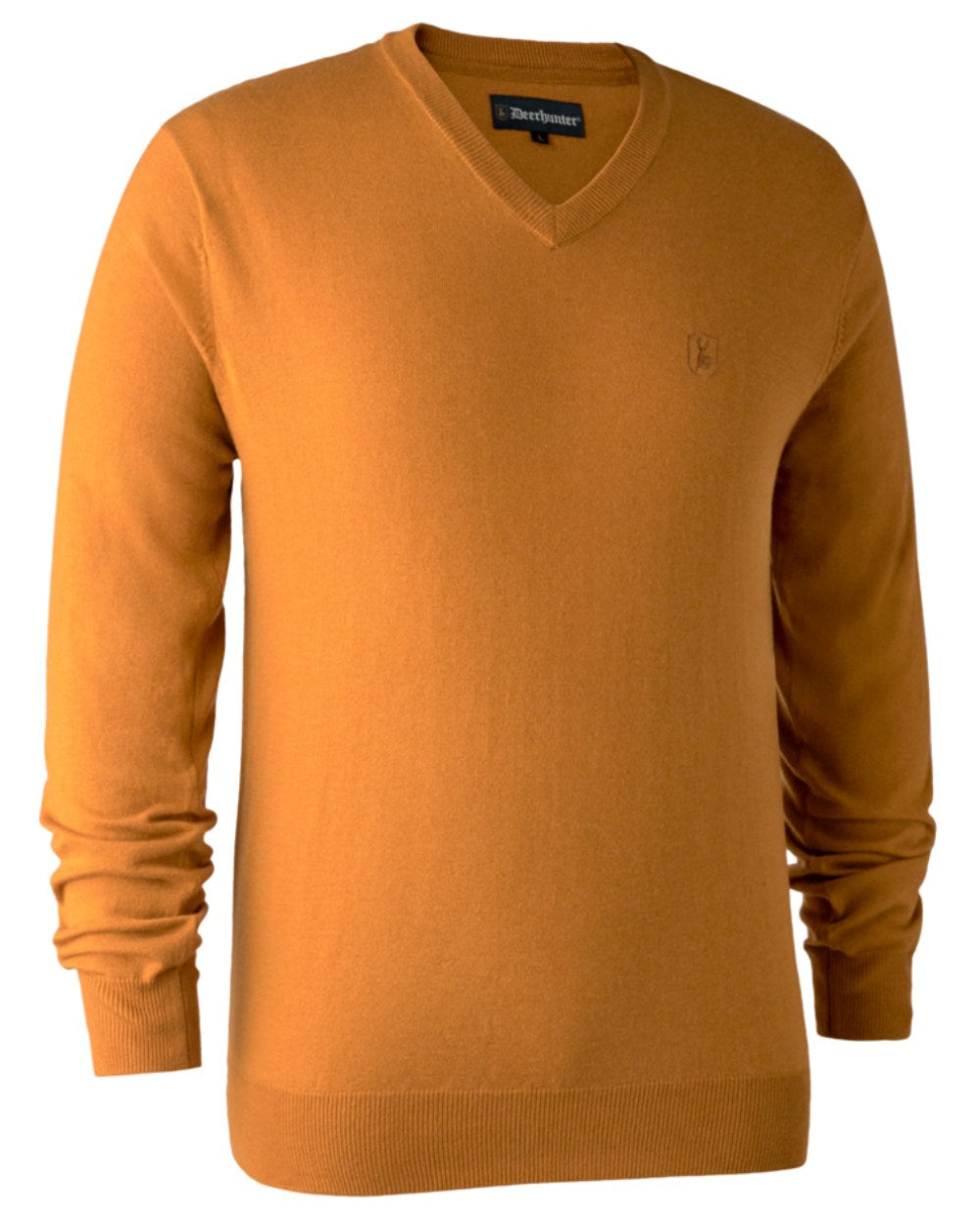 Golden Oak Coloured Deerhunter Kingston Knit V-Neck Jumper On A White Background #colour_golden-oak