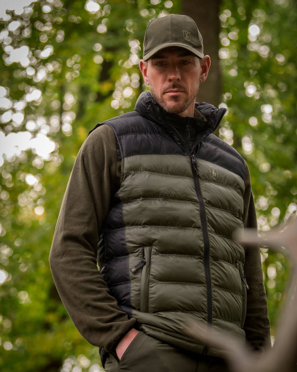Chestnut Brown coloured Deerhunter Northward Fleece Jacket on Forest background #colour_chestnut-brown