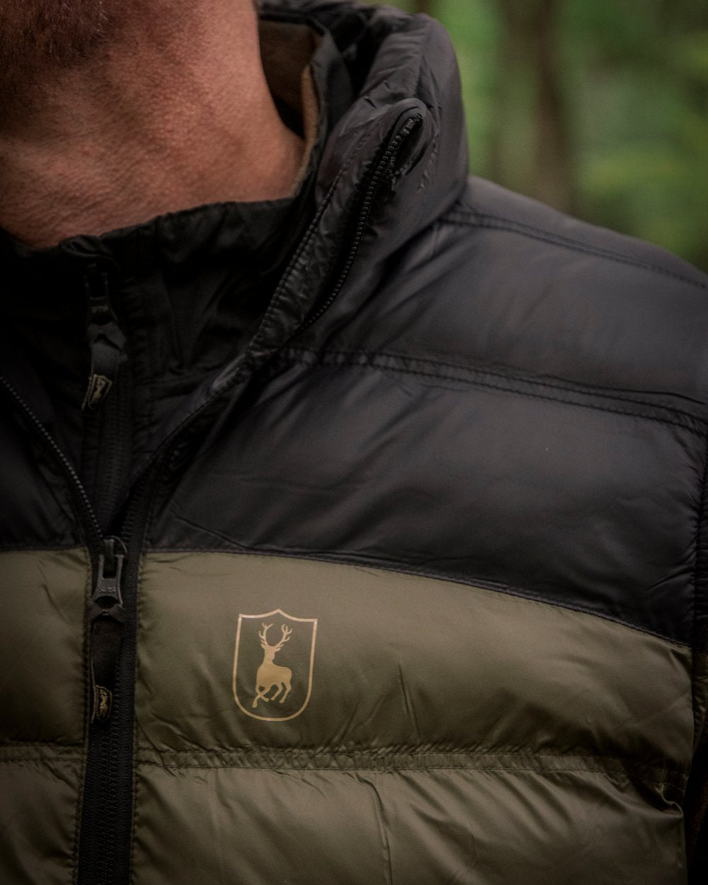 Rifle Green coloured Deerhunter Northward Padded Waistcoat on Forest background #colour_rifle-green