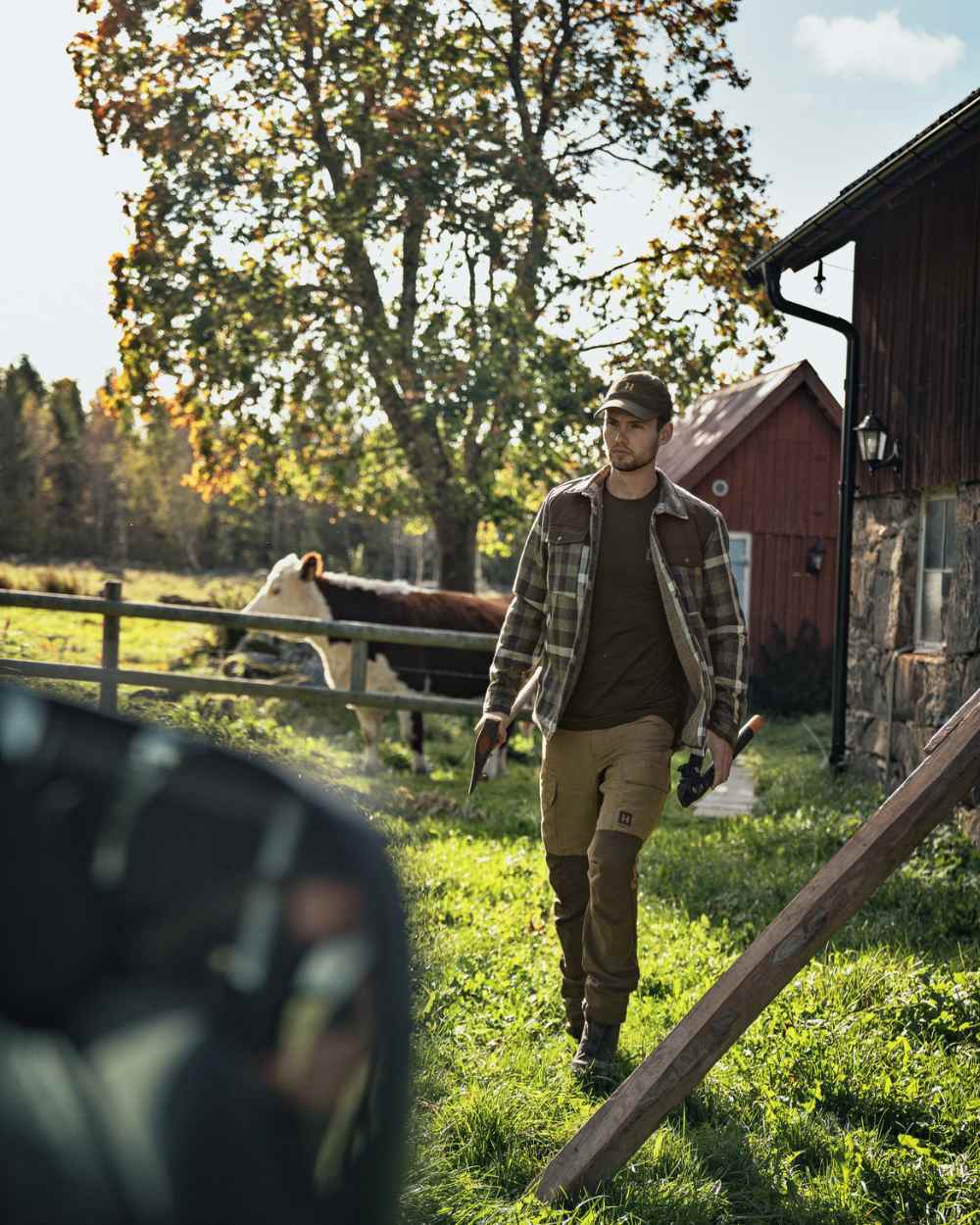 Willow Green Phantom Coloured Harkila Asmund Insulated Wool Shirt Jacket On A Backyard Background #colour_willow-green-phantom