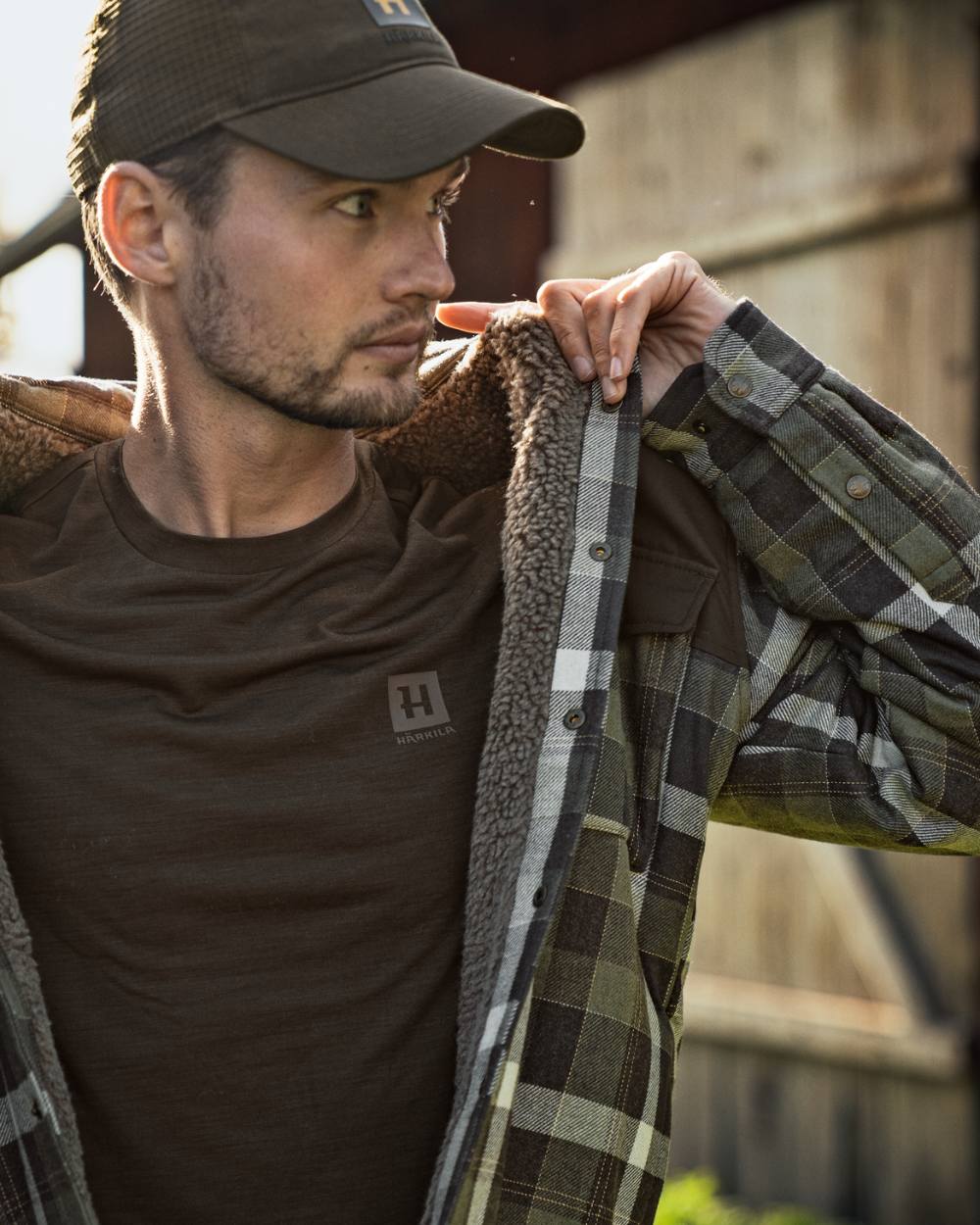 Willow Green Phantom Coloured Harkila Asmund Insulated Wool Shirt Jacket On A Backyard Background #colour_willow-green-phantom
