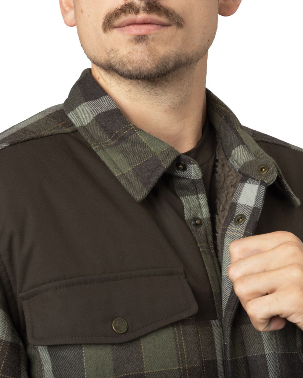 Willow Green Phantom Coloured Harkila Asmund Insulated Wool Shirt Jacket On A White Background #colour_willow-green-phantom