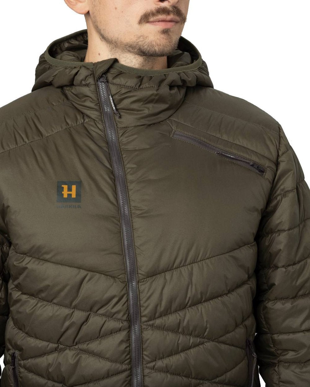 Willow Green Coloured Harkila Logmar Insulated Packable Hooded Jacket on white background #colour_willow-green