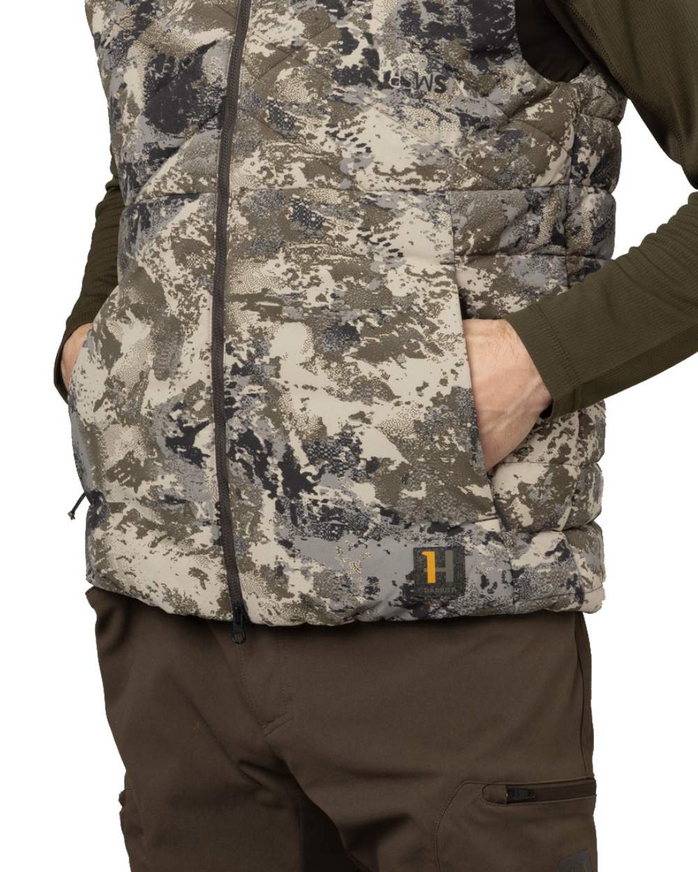 AXIS Mountain Coloured Harkila Camo HSP Insulated Waistcoat on white background #colour_axis-mountain