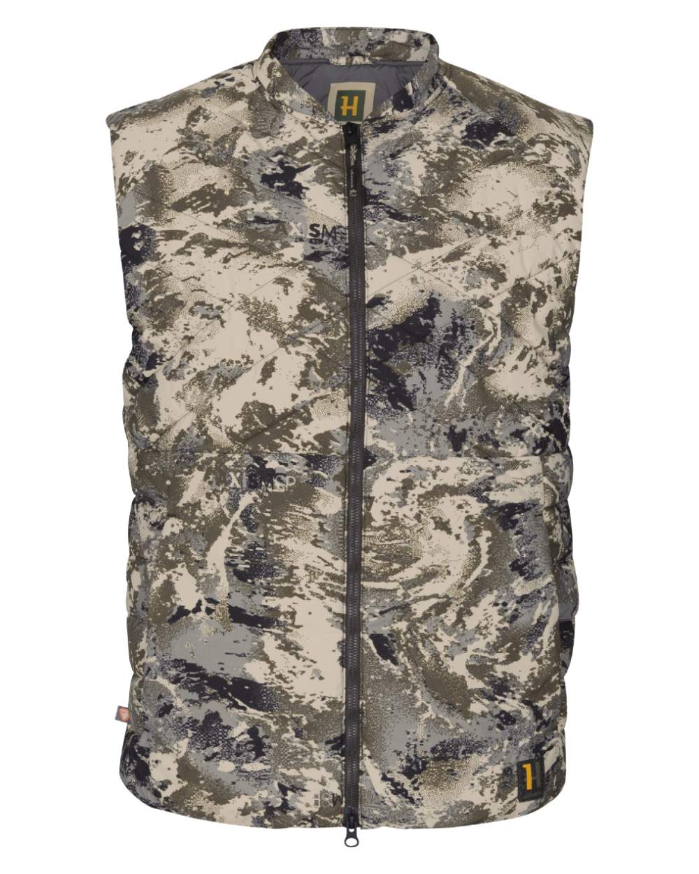 AXIS Mountain Coloured Harkila Camo HSP Insulated Waistcoat on white background #colour_axis-mountain