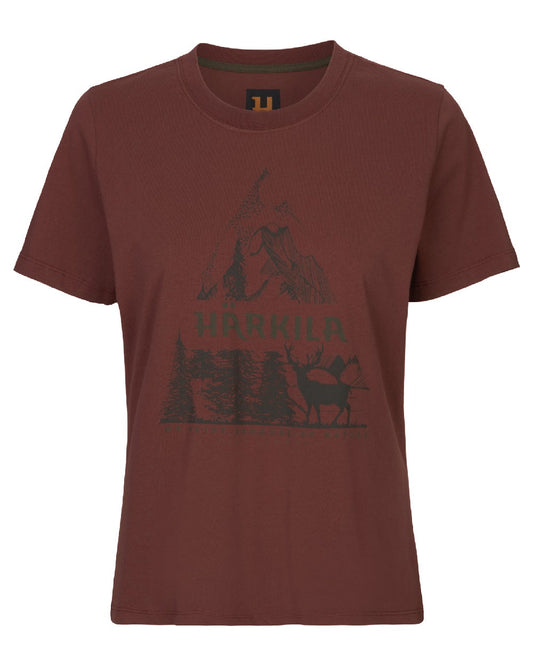 Hot Chocolate Coloured Harkila Womens Nature Short Sleeve T-Shirt on White Background
#colour_hot-chocolate
