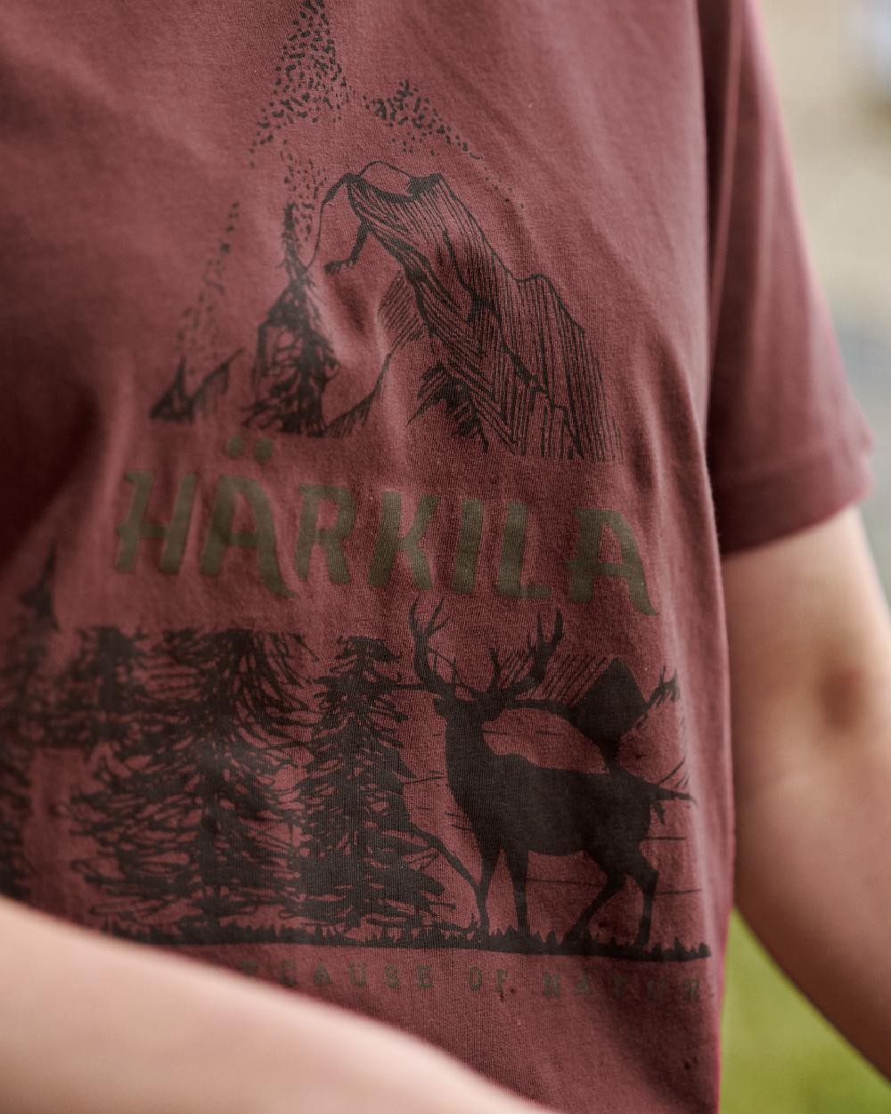 Hot Chocolate Coloured Harkila Womens Nature Short Sleeve T-Shirt on Outdoor Background
#colour_hot-chocolate