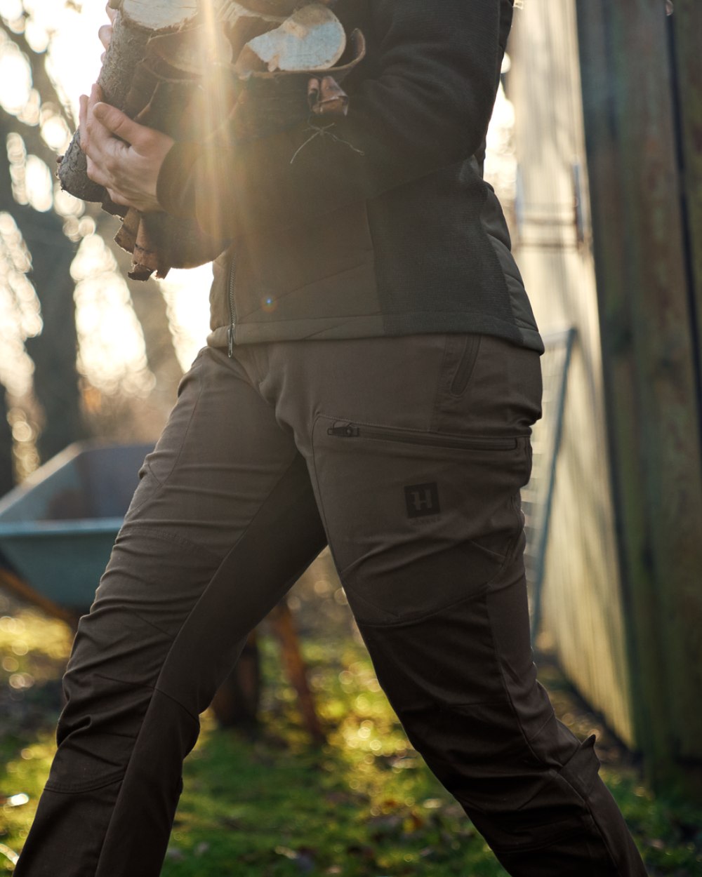 Slate Brown Willow Green Coloured Harkila Womens Runa Pants on outdoor background #colour_slate-brown-willow-green
