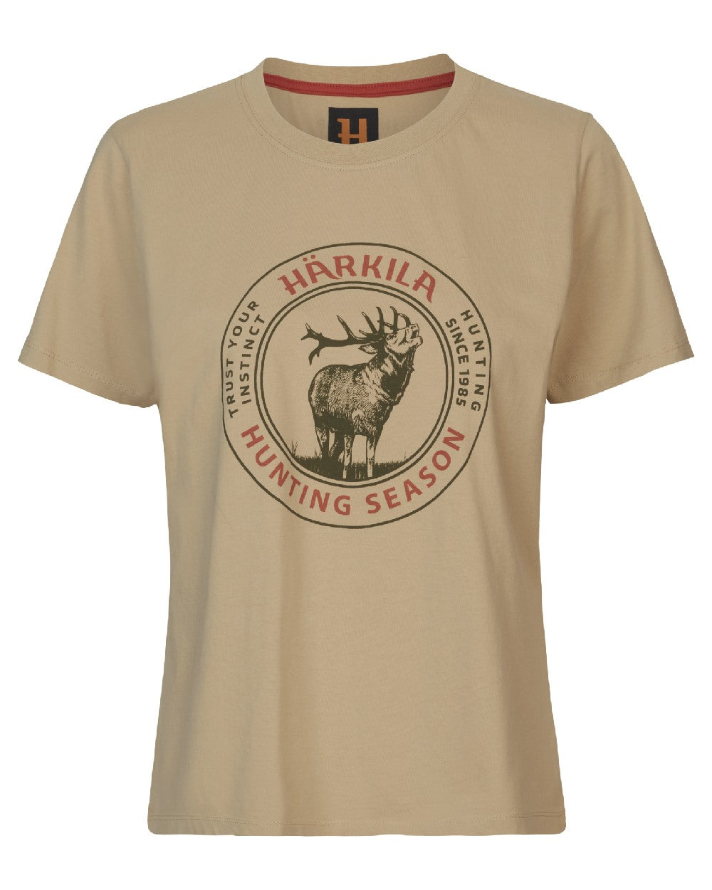 Sand Coloured Harkila Womens Stag Badge Short Sleeve T-Shirt on white background #colour_sand