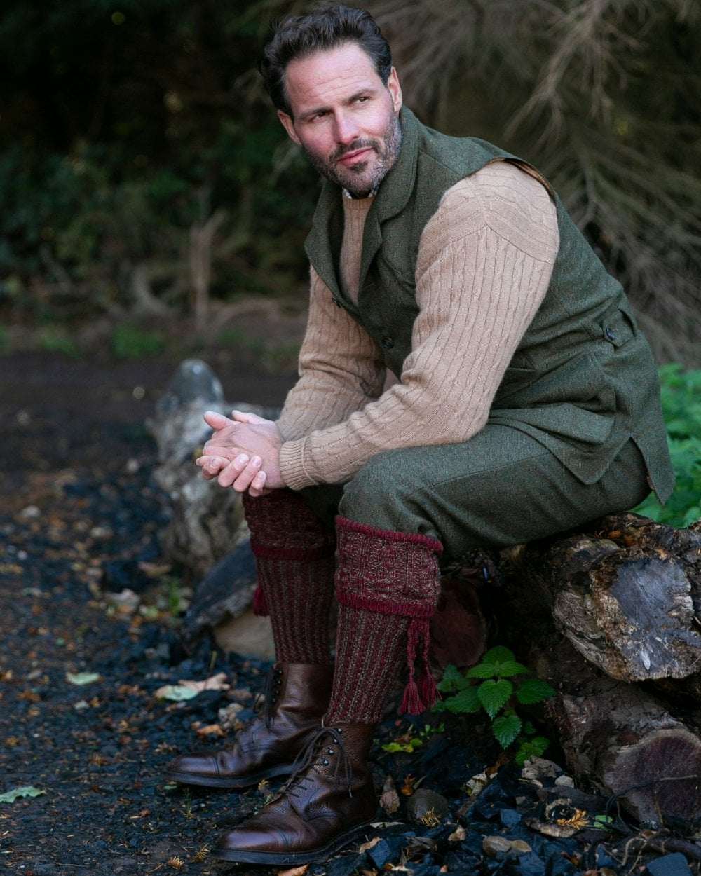 Lovat coloured House of Cheviot Reiver Socks on outdoor background #colour_lovat
