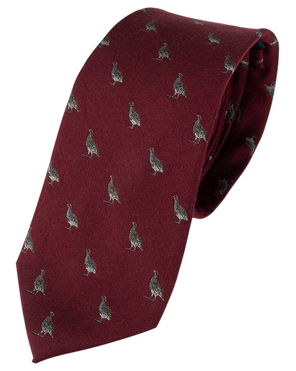 Burgundy coloured Jack Pyke Silk Tie Partridge on white background #colour_burgundy