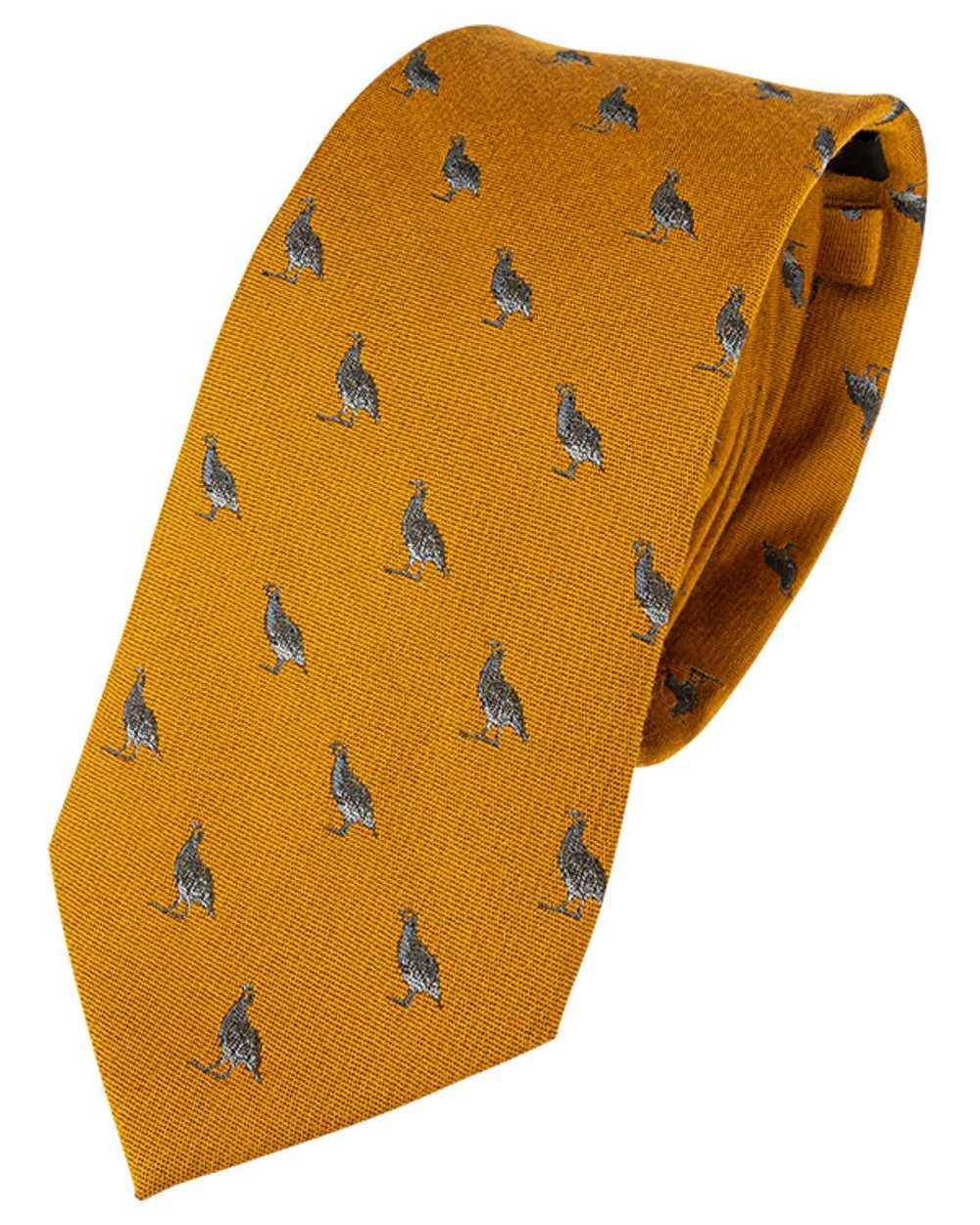 Mustard coloured Jack Pyke Silk Tie Partridge on white background #colour_mustard
