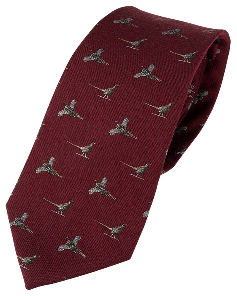 Burgundy coloured Jack Pyke Silk Tie Pheasant on white background #colour_burgundy
