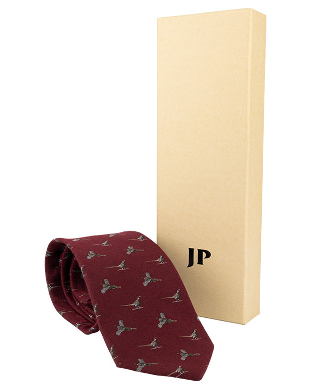 Burgundy coloured Jack Pyke Silk Tie Pheasant on white background #colour_burgundy