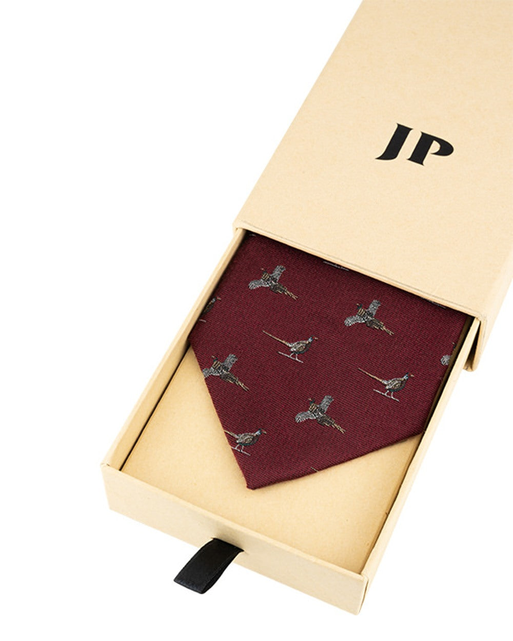 Burgundy coloured Jack Pyke Silk Tie Pheasant on white background #colour_burgundy