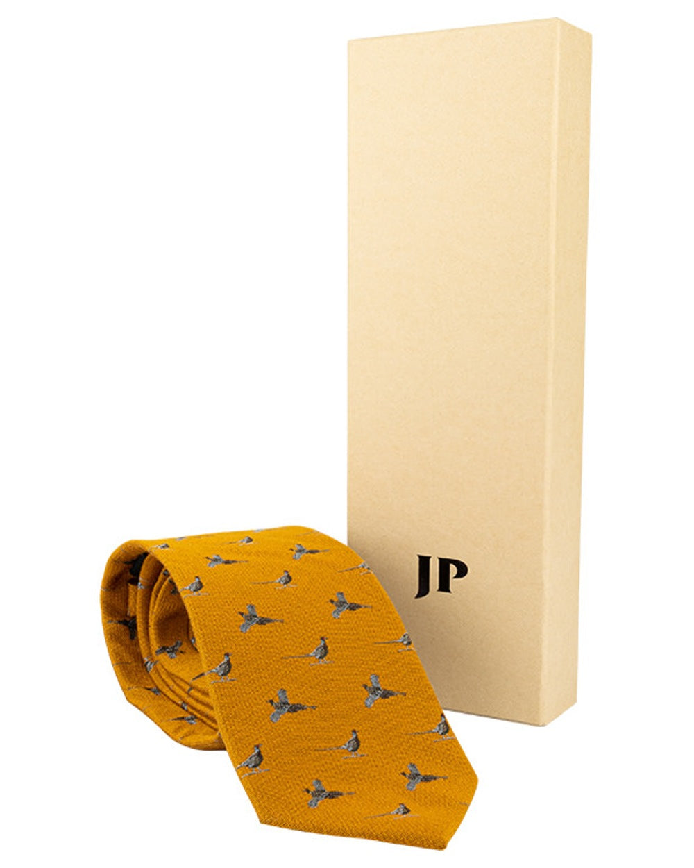 Mustard coloured Jack Pyke Silk Tie Pheasant on white background #colour_mustard