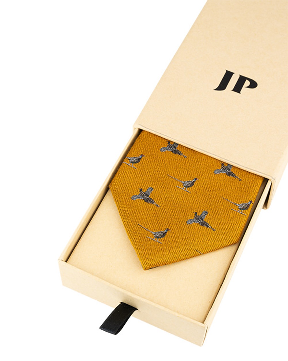 Mustard coloured Jack Pyke Silk Tie Pheasant on white background #colour_mustard