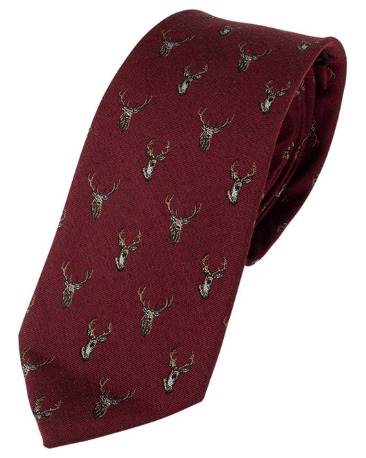 Burgundy coloured Jack Pyke Silk Tie Stag on white background #colour_burgundy