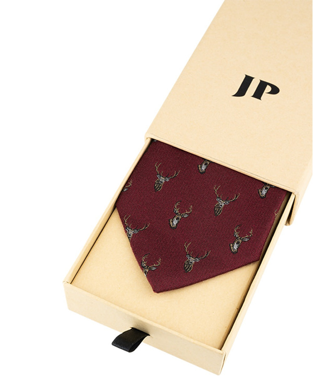 Burgundy coloured Jack Pyke Silk Tie Stag on white background #colour_burgundy