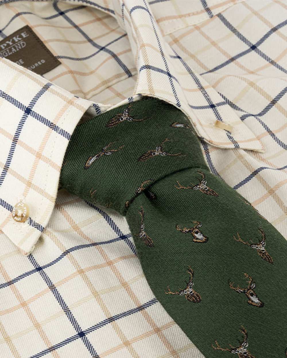 Green coloured Jack Pyke Silk Tie Stag on shirt background #colour_green