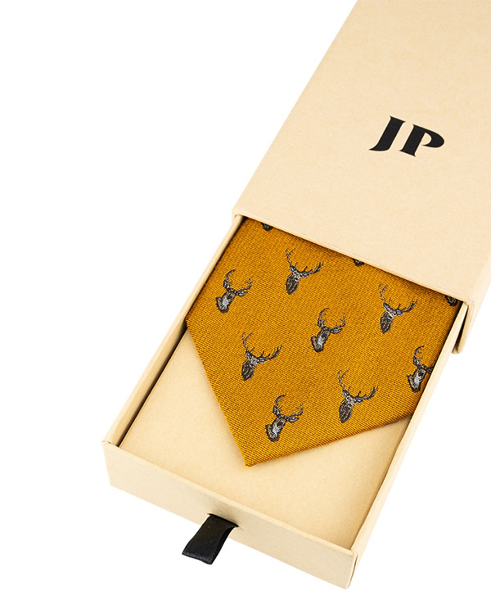 Mustard coloured Jack Pyke Silk Tie Stag on white background #colour_mustard