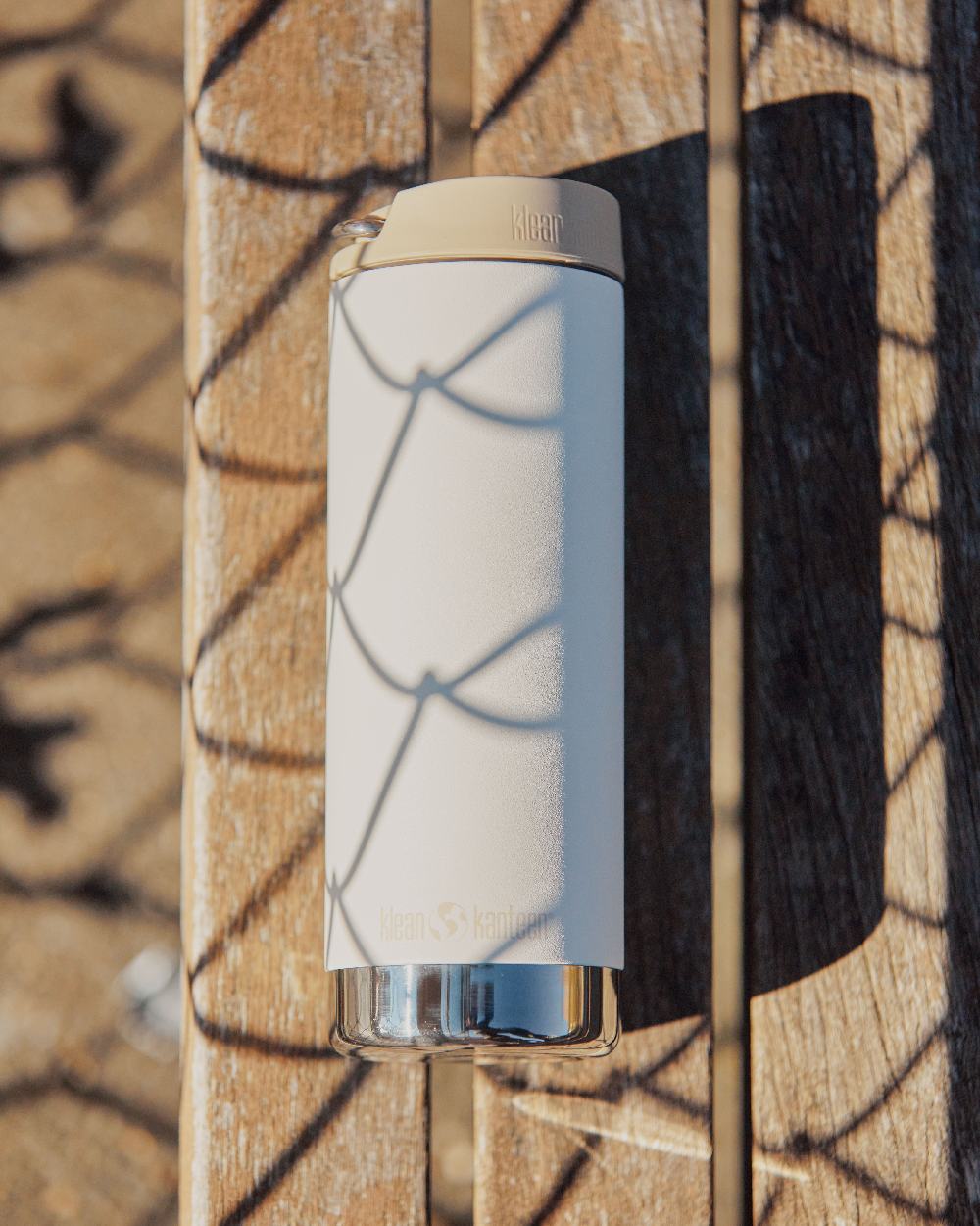 Tofu Coloured Klean Kanteen Insulated TKWide With Cafe Cap On A Wood Background #colour_tofu