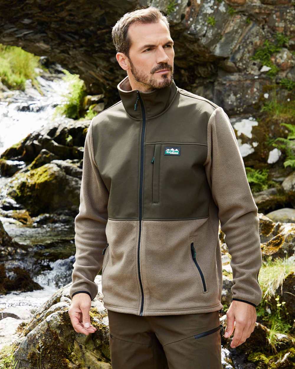Light Bark Coloured Ridgeline Hybrid Fleece Jacket On A Waterfall Background #colour_light-bark