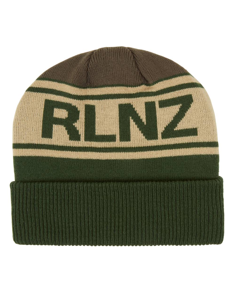 Olive Multi Coloured Ridgeline RLNZ Knitted Beanie On A White Background #colour_olive-multi