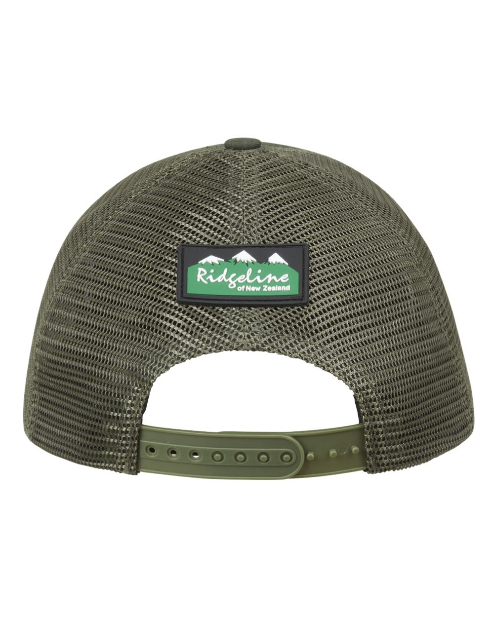 Olive Coloured Ridgeline RLNZ Trucker Cap On A White Background #colour_olive