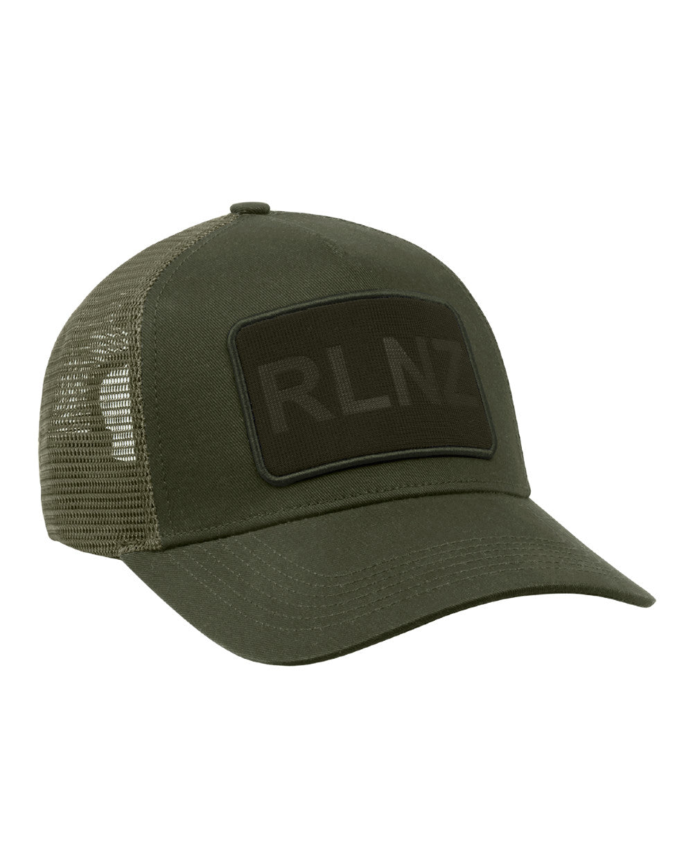 Olive Coloured Ridgeline RLNZ Trucker Cap On A White Background #colour_olive