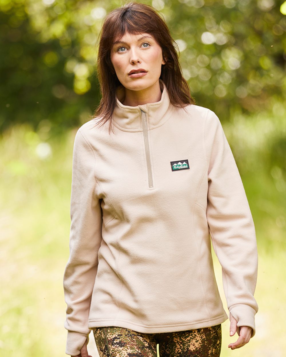 Mushroom Coloured Ridgeline Womens Narvik Fleece On A Blurry Forest Background #colour_mushroom