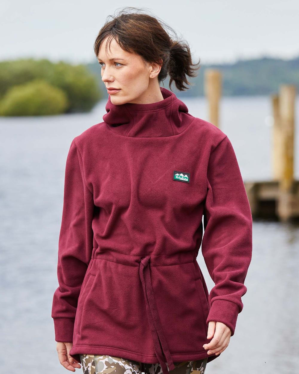 Winter Berry Coloured Ridgeline Womens Salt Marsh Fleece Smock On A River Background #colour_winter-berry