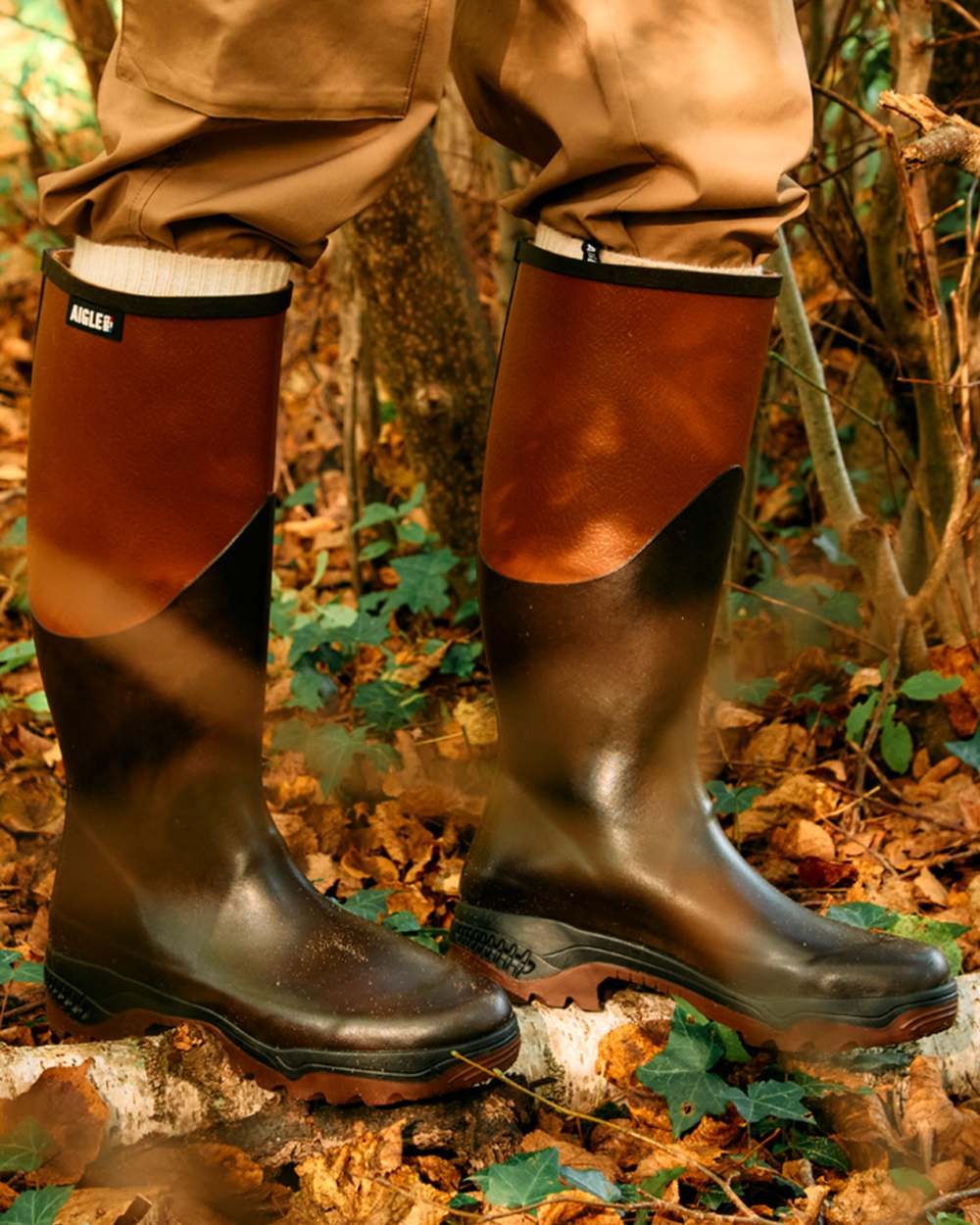Brun coloured Aigle Womens Parcours 2 Wellingtons on forest background #colour_brun