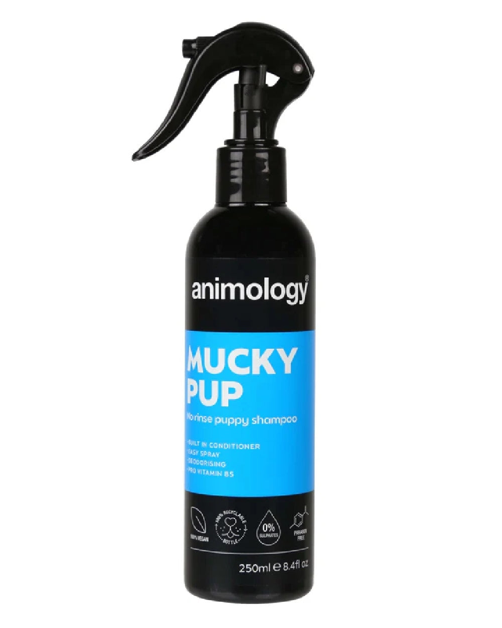 Animology Spray Mucky Pup No Rinse Shampoo 250ml on white background