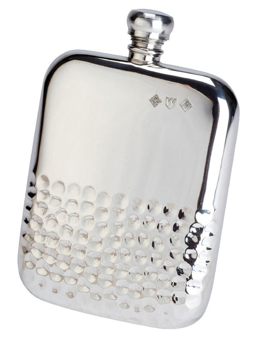 Bisley 6oz Half Hammered Kidney Pewter Flask On White Background
