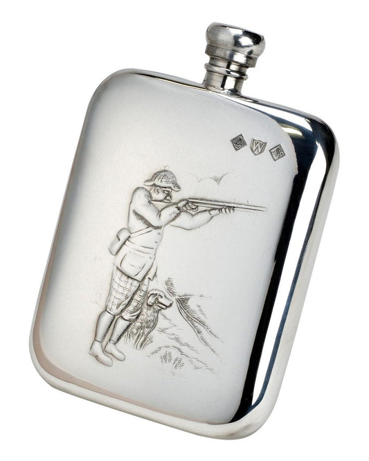 Bisley 6oz Shooter & Dog Pewter Rounded Flask On White Background
