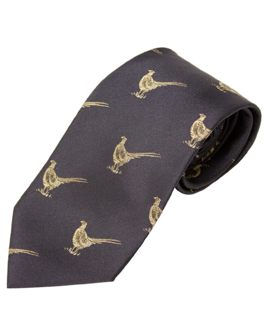 Navy Pheasants Style Bisley Silk Tie on white background #style_navy-pheasants