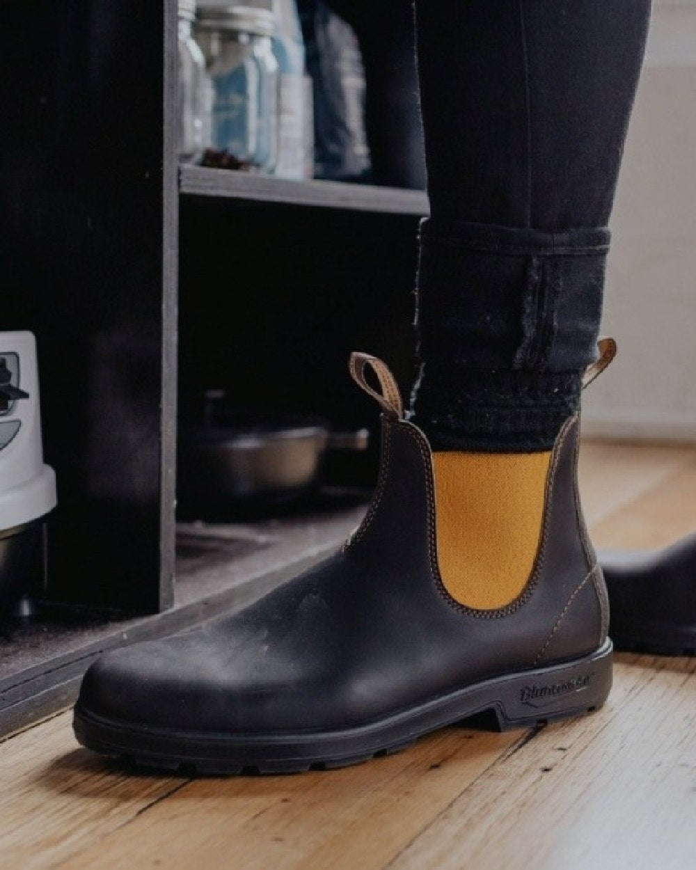 Dark Brown Mustard coloured Blundstone 1919 Dark Brown Mustard Leather Boots on floor background #colour_dark-brown-mustard