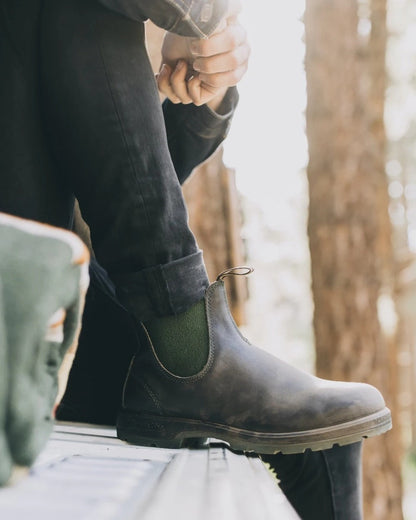 Stout Brown olive coloured Blundstone 519 Stout Brown Chelsea Boots on stairs background #colour_stout-brown-olive