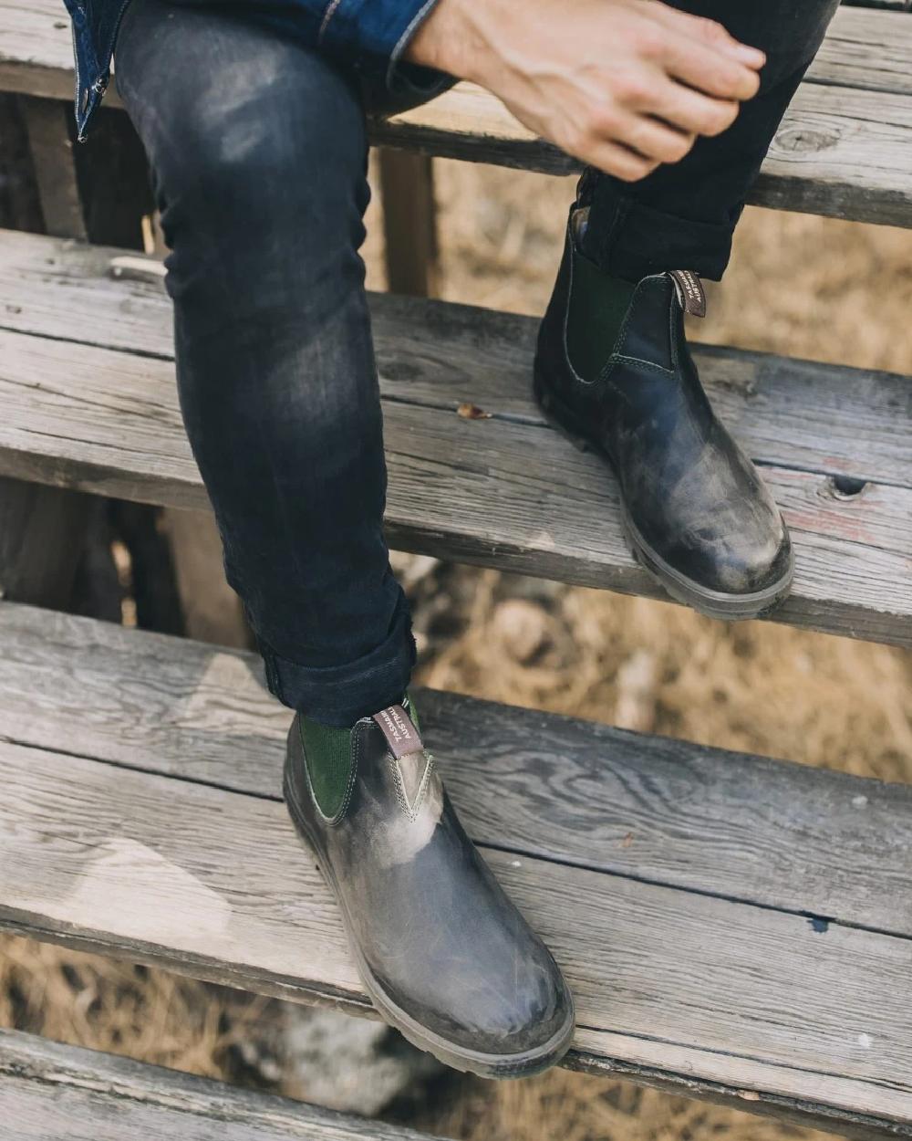 Stout Brown olive coloured Blundstone 519 Stout Brown Chelsea Boots on stairs background #colour_stout-brown-olive