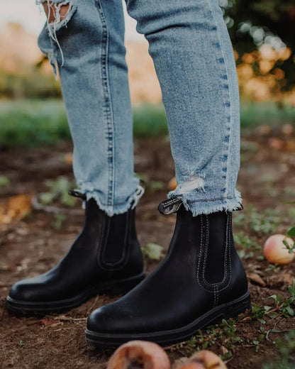 Black Coloured Blundstone Womens 1448 Black Chelsea Boots on outdoor background #colour_black