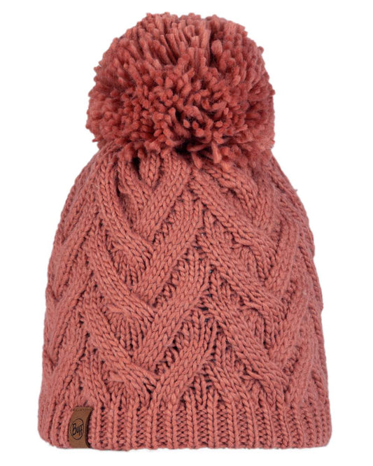 Crimson Red Coloured Buff Caryn Knitted Fleece Beanie on white background #colour_crimson-red