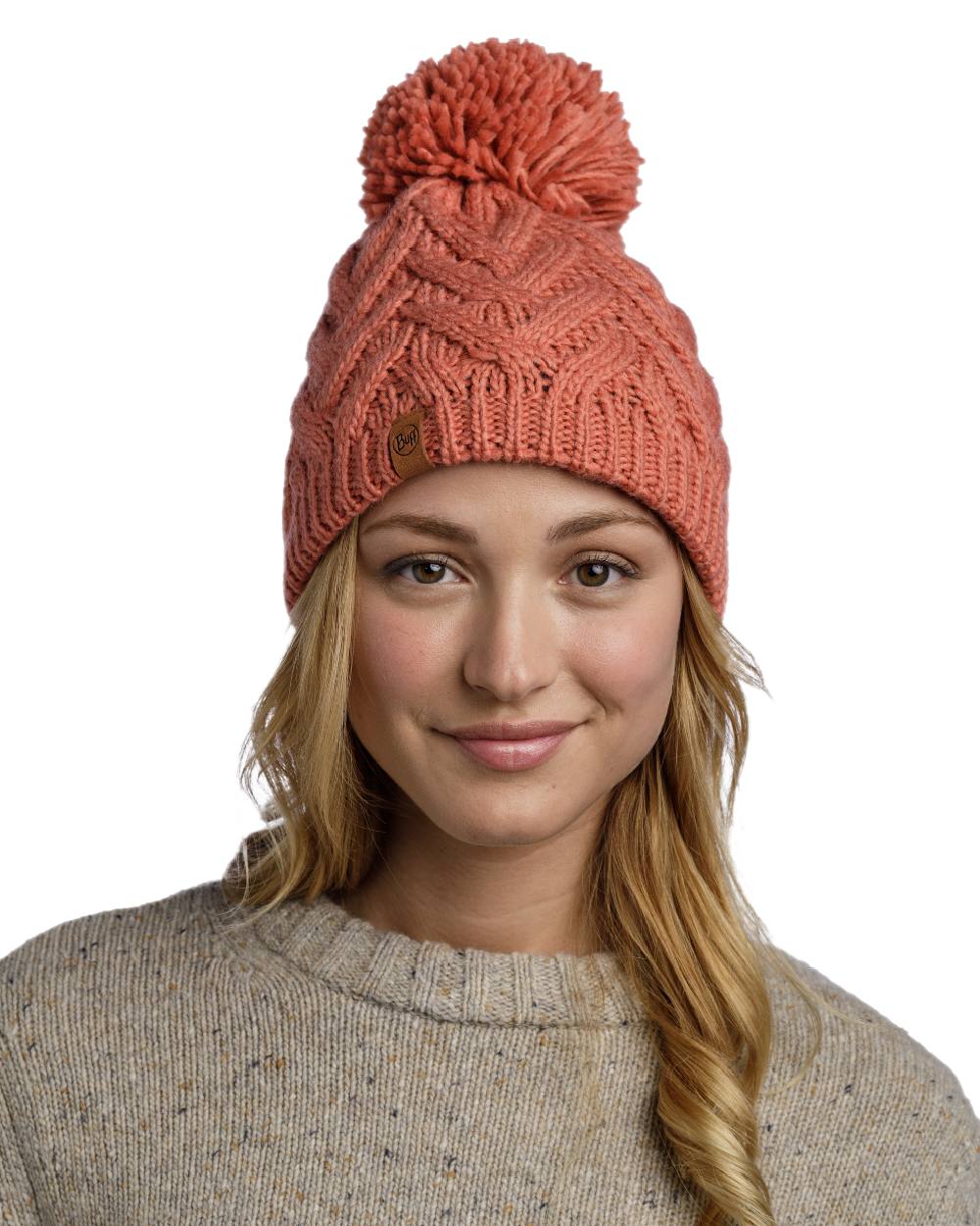 Crimson Red Coloured Buff Caryn Knitted Fleece Beanie on white background #colour_crimson-red
