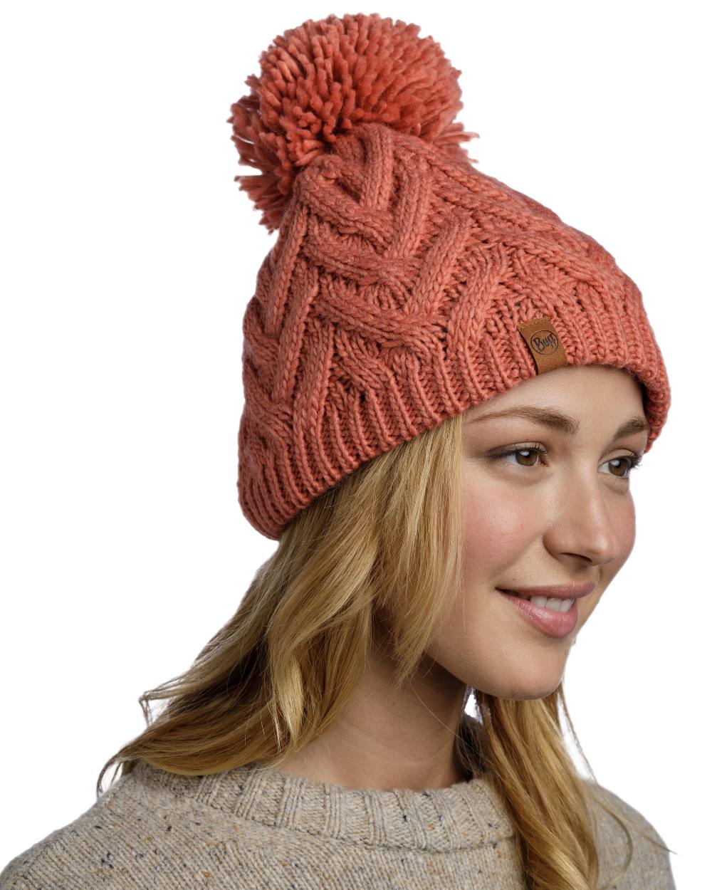 Crimson Red Coloured Buff Caryn Knitted Fleece Beanie on white background #colour_crimson-red