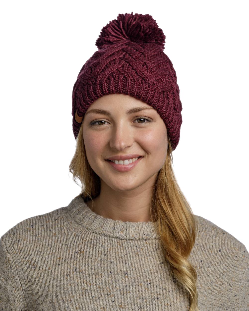 Dahlia Coloured Buff Caryn Knitted Fleece Beanie on white background #colour_dahlia
