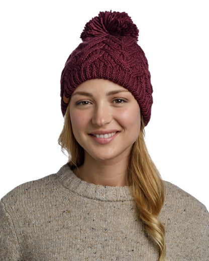 Dahlia Coloured Buff Caryn Knitted Fleece Beanie on white background #colour_dahlia